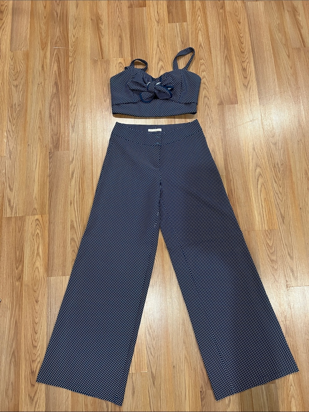 Polka Dot Wide-Leg Pants & Crop Top Set - Navy